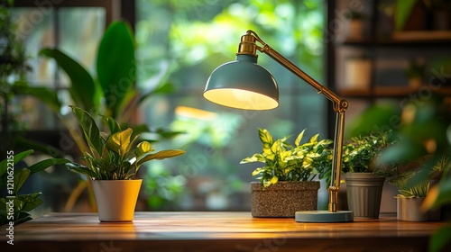 Elegant green desk lamp illuminating workspace with soft warm light in minima...