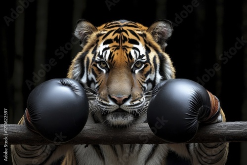 Tiger in boxing gloves posing confidently in gym ring - unique wildlife and sports fusion