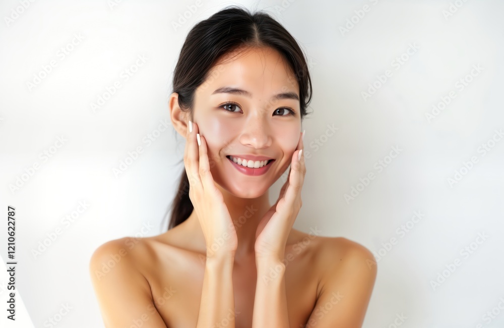Beautiful Asian woman smiles gently. Clean fresh skin, touches face. Studio shot against white background. Cosmetics, beauty care concepts. Portrait of young woman with smooth skin. Facial treatment Beautiful Asian woman smiles gently. Clean fresh skin, touches face. Studio shot against white background. Cosmetics, beauty care concepts. Portrait of young woman with smooth skin. Facial treatment