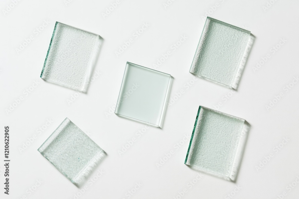 top-down view of layered glass panels with frosted and clear textures arranged diagonally on white backdrop top-down view of layered glass panels with frosted and clear textures arranged diagonally on white backdrop
