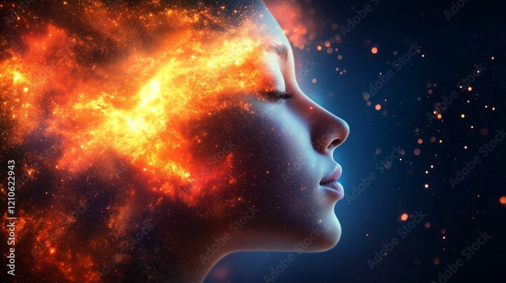 Creative representation of thoughts with a fiery explosion in the background Creative representation of thoughts with a fiery explosion in the background