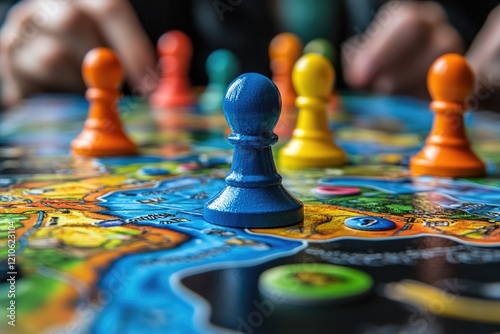 Colorful Board Game Pieces on Vibrant Game Board for Family Fun and Strategy