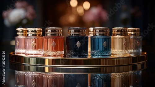 Decorative jewelry boxes arranged attractively on a shimmering reflective sur...