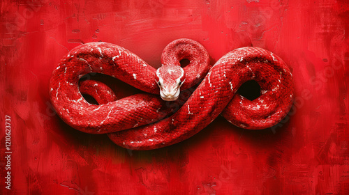 a coiled bright red snake on a red background photo