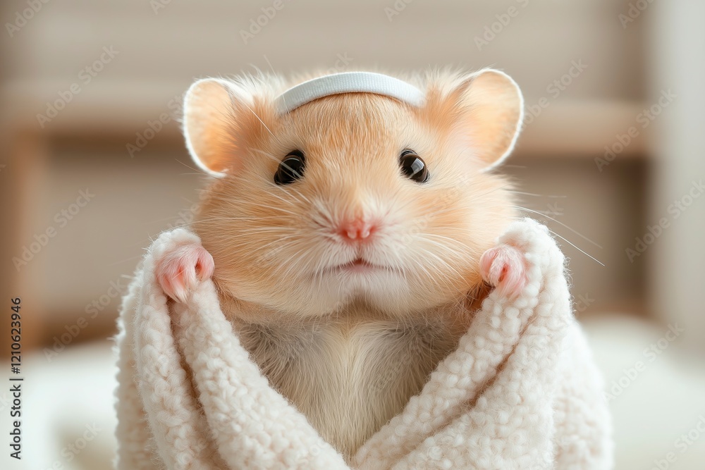 Cute hamster wrapped in a cozy towel, showing off its adorable expression in a warm and inviting setting. Generative AI Cute hamster wrapped in a cozy towel, showing off its adorable expression in a warm and inviting setting. Generative AI