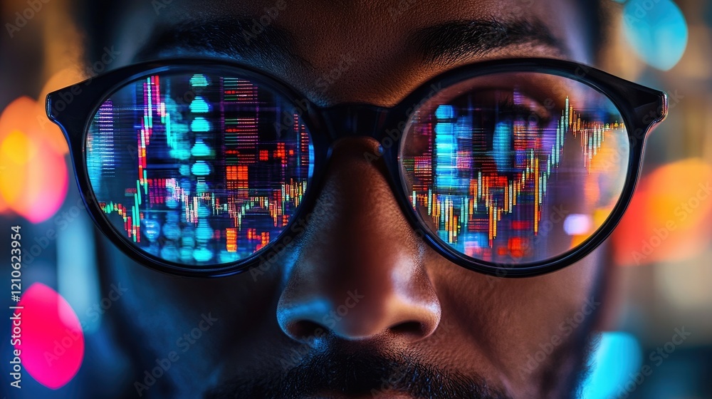 Reflective Glasses Show Digital Financial Stock Data and Market Trends Reflective Glasses Show Digital Financial Stock Data and Market Trends