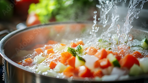 Vegetables being transferred from boiling water to a bowl of ice water for blanching after parboiling