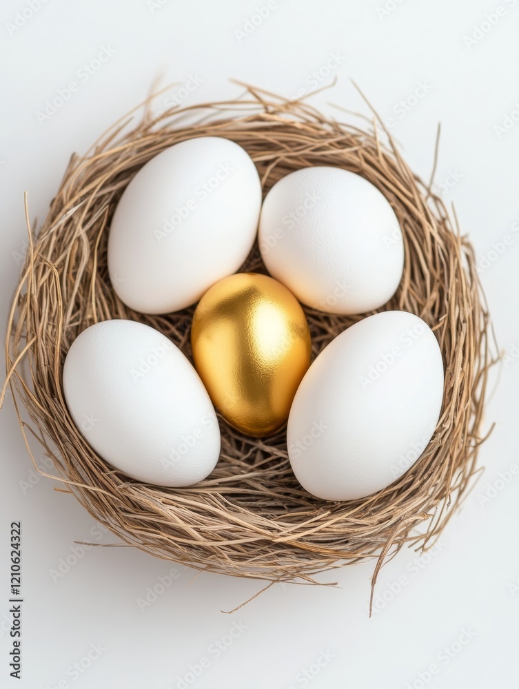 Golden Egg in a Rustic Nest Surrounded by White Eggs Symbolizing Easter Celebration, Hope, and Elegance 19 Golden Egg in a Rustic Nest Surrounded by White Eggs Symbolizing Easter Celebration, Hope, and Elegance 19