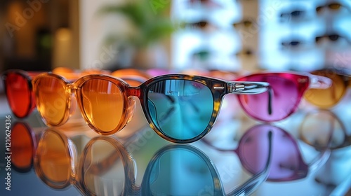 Stylish sunglasses displayed in a modern retail shop during daylight hours