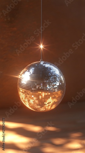 Large reflective sphere hanging in modern interior space with soft lighting