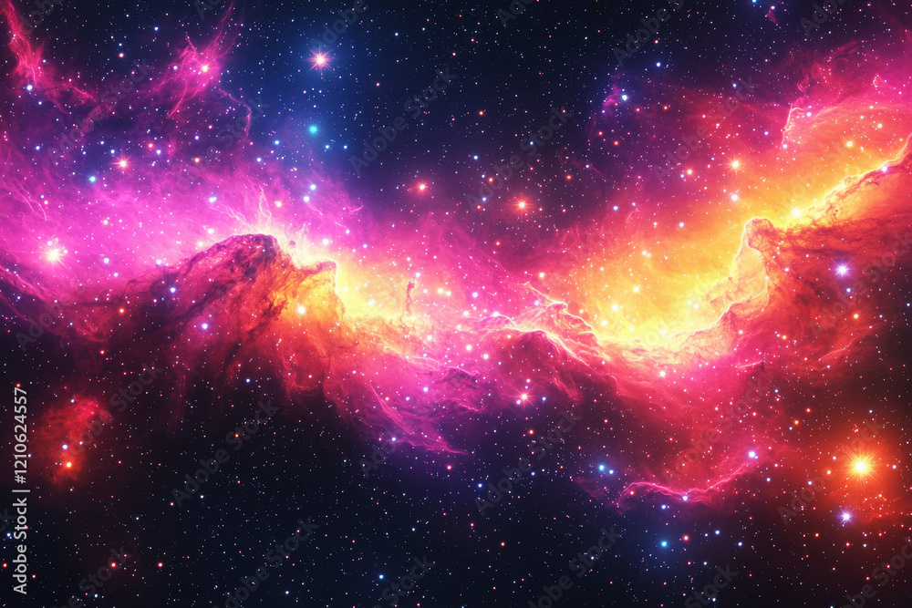 Fototapeta premium Vibrant cosmic pattern showcasing a glowing nebula with swirling gases and newly formed stars in brilliant hues of pink and purple
