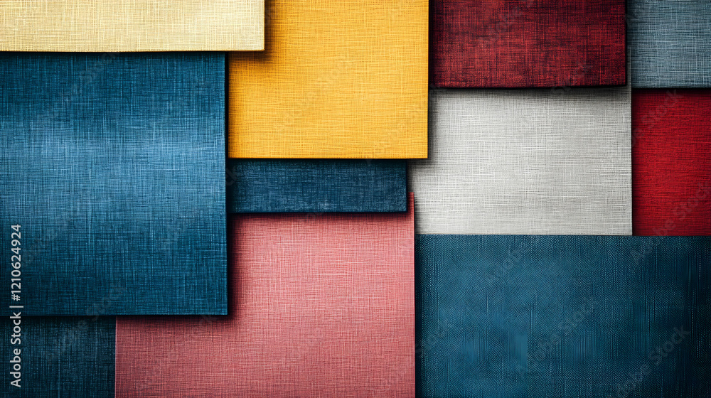 Fototapeta premium Vibrant fabric tiles in various colors creating a warm and inviting atmosphere, showcasing a mix of textures and hues for interior design inspiration