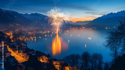 Vibrant fireworks illuminating the night sky over serene Lake Leman for New Year's Eve in Montreux, Switzerland