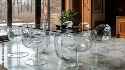 Modern dining area featuring transparent chairs and a glass table in a stylis...
