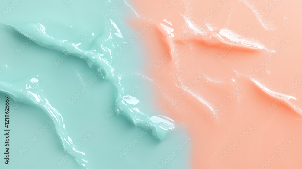 Fototapeta premium top-down view of overlapping translucent color spots in shades of teal and coral creating gradient effect