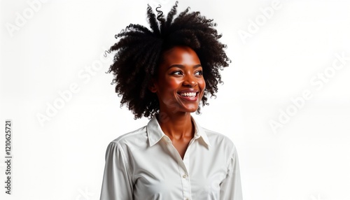 Smiling African woman looking left. Portrait of happy female model. Attractive lady with curly hair wearing a white shirt. Isolated on white background. Positive expression. Good for commercial use.