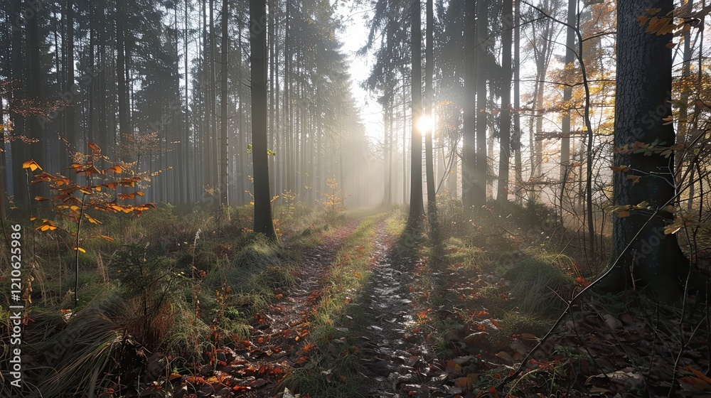 Obraz premium Rays of the sun breaking through the pine forest and the road in it. Coniferous trees tall and slender. Natural background. Illustration for cover, postcard, interior design, poster or presentation.