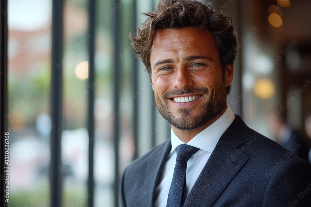 Fototapeta premium A professional man smiling directly at the camera, wearing a suit and tie