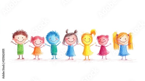 Happy children smiling and holding hands in a colorful drawing