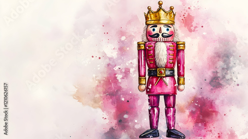 Vibrant pink nutcracker standing tall with a golden crown and intricate details, evoking festive spirit, captured in a watercolor illustration