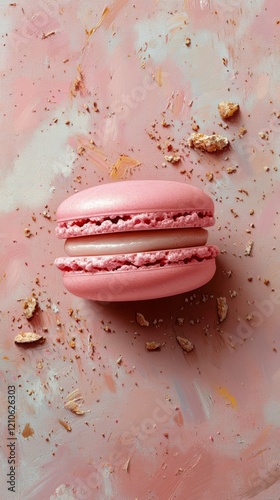 Delicious pink macaron on a vibrant pink textured background showcasing sweet...