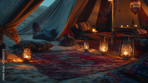 Vibrant shot of a Bedouin tent setup in the desert with traditional carpets, lanterns, and cushions creating a cozy atmosphere