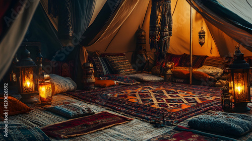 Vibrant shot of a Bedouin tent setup in the desert, with traditional carpets, lanterns, and cushions creating a cozy atmosphere