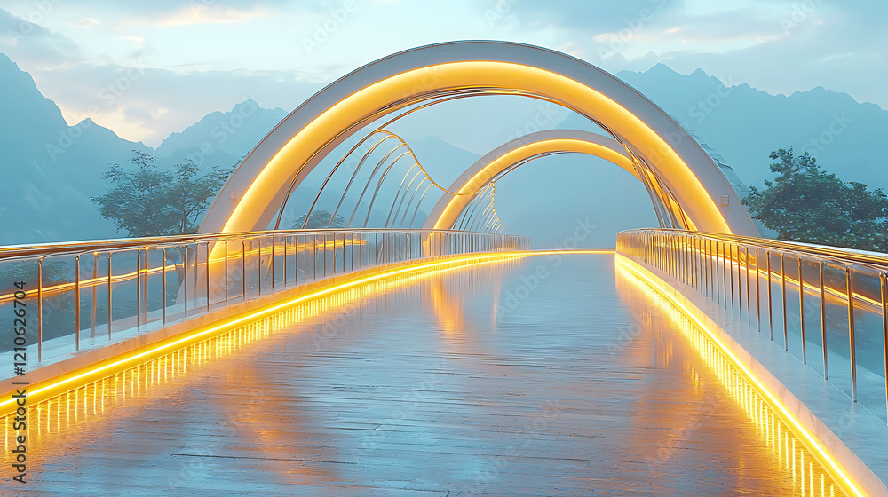 Obraz premium Futuristic illuminated bridge pathway overlooking misty mountains at dawn. Perfect for concepts of innovation, travel, and modern architecture. Ideal for websites, brochures, and advertising.