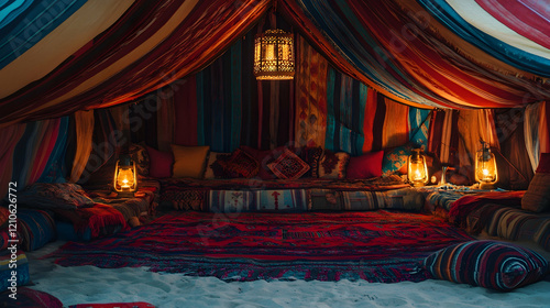 Vibrant shot of a Bedouin tent setup in the desert with traditional carpets, lanterns, and cushions creating a cozy atmosphere.illustration