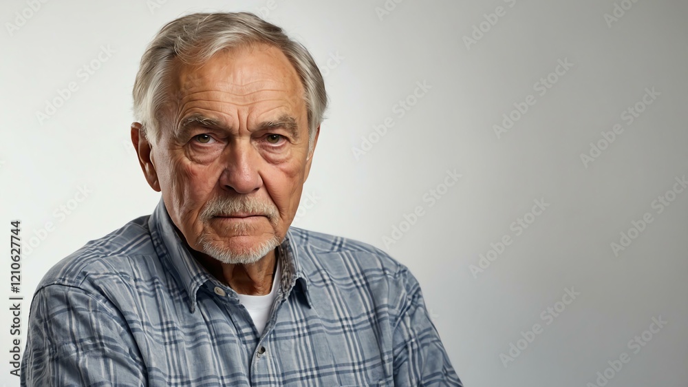 elderly caucasian male in casual wear on white background model portrait looking serious for ad concept space for text elderly caucasian male in casual wear on white background model portrait looking serious for ad concept space for text