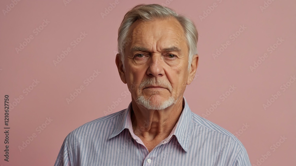 Obraz premium elderly caucasian male in casual wear on pastel color background model portrait looking serious for ad concept space for text