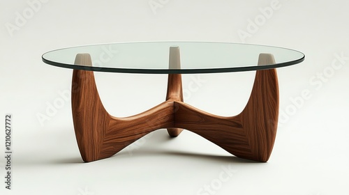 Modern wooden coffee table with glass top and curved legs in minimalist design