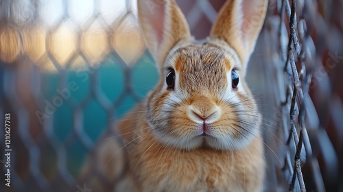 Cute fluffy rabbit looking at the camera with other rabbits in background on ...