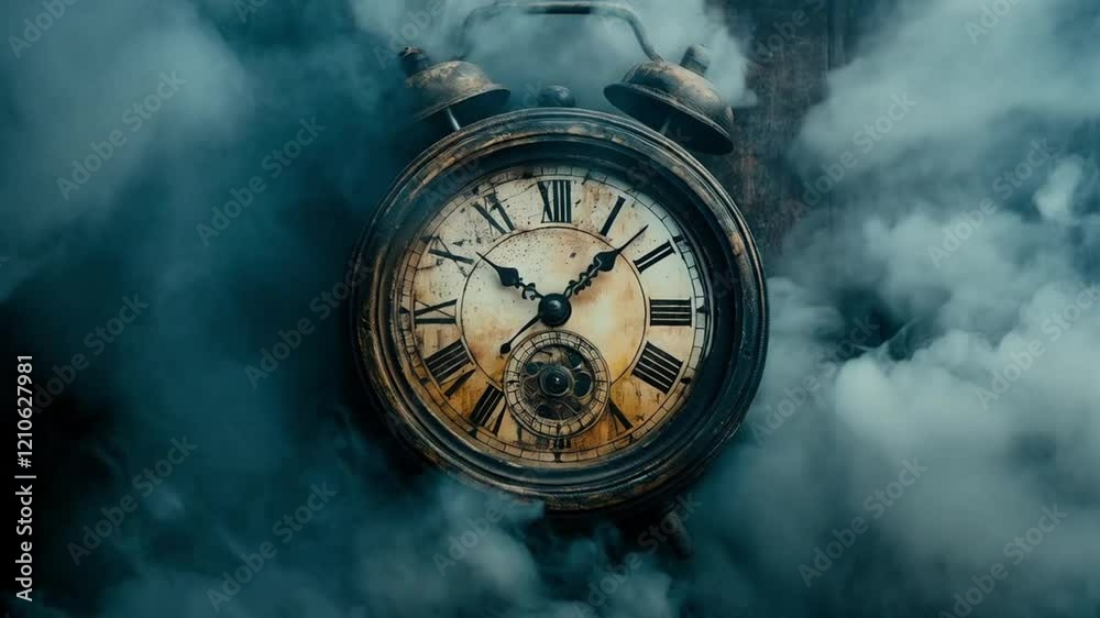 Scene of old clock with smoke background, smooth repeating motion for background video animation.