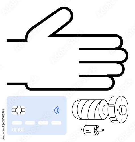 Hand outline, contactless payment card, and lock mechanism highlight concepts thumbs up biometrics, payment, and security. Ideal for fintech, privacy, innovation, automation accessibility data