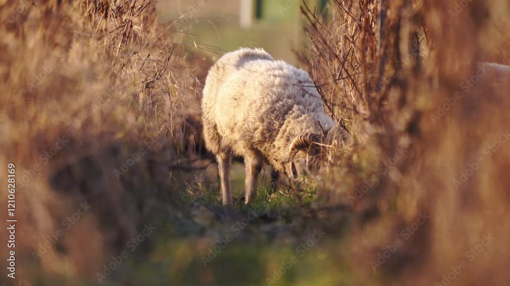 bélier en plein travail de désherbage entre les rangs de vignes en champagne, pour du pâturage écologique, une façon naturelle d'entretenir les vignes en Champagne