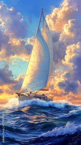 Sailing on a vibrant ocean with white sails under a bright blue sky and drama...