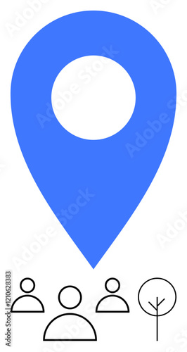 Blue map pin overshadows simple black outlined icons of three people and one tree. Ideal for location, community, navigation, sustainability, teamwork, urban planning, abstract line flat metaphor