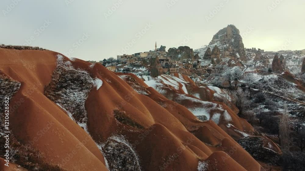 The enchanting snow-covered landscape of Cappadocia in winter. Tuff cliffs, fairy chimneys and snow-covered settlements showcase the unique beauty of the region. The enchanting snow-covered landscape of Cappadocia in winter. Tuff cliffs, fairy chimneys and snow-covered settlements showcase the unique beauty of the region.