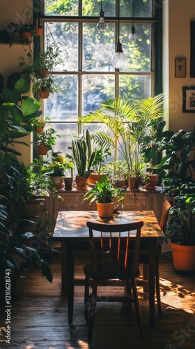 Cozy indoor garden with plants in pots and natural light streaming through th...