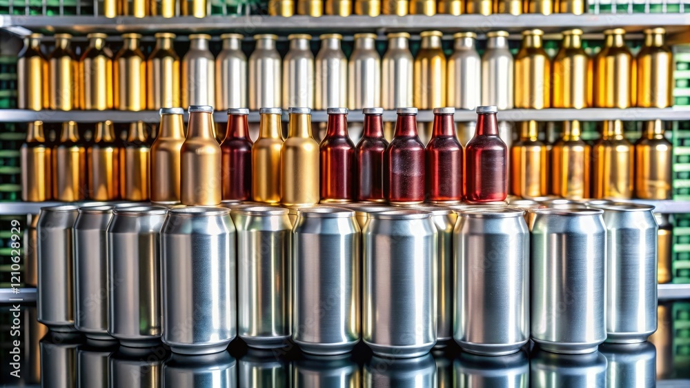 A stack of 12-24 beer cans arranged neatly on a metal shelf with a few bottles of wine and liquor nearby, beverage organization, canned goods, cocktail parties, drinks storage, home entertaining