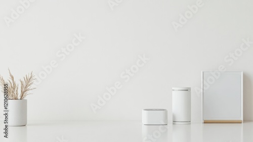 top-down view of smart home devices on clean white table with soft light creating reflections and vibrant visuals