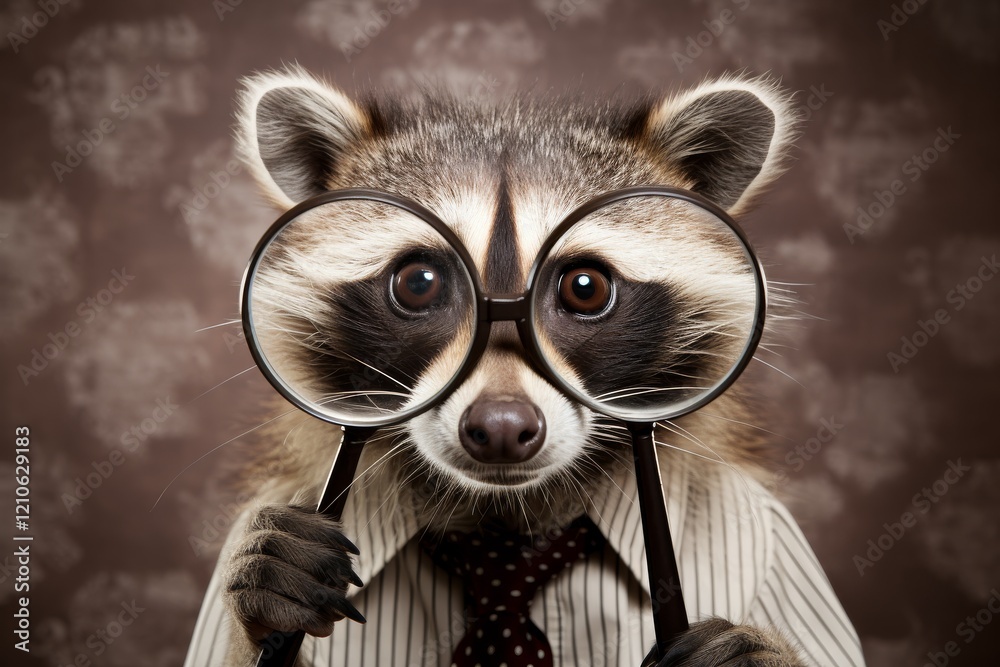 Curious raccoon in glasses wearing shirt and tie shows personality and charm. Generative AI Curious raccoon in glasses wearing shirt and tie shows personality and charm. Generative AI