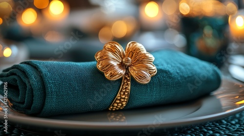Elegant dinner setting with floral napkin holder and warm candlelight ambianc...