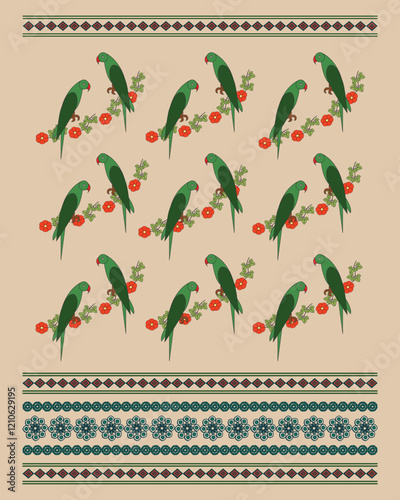 Indian Folk Art: Parrot, Flower Motifs in Exquisite Madhubani Saree Design. Madhubani art, Mithila painting, Indian folk art, Madhubani saree design, Parrot flower Madhubani.