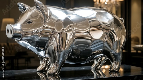 Modern metallic pig sculpture showcased in contemporary kitchen setting