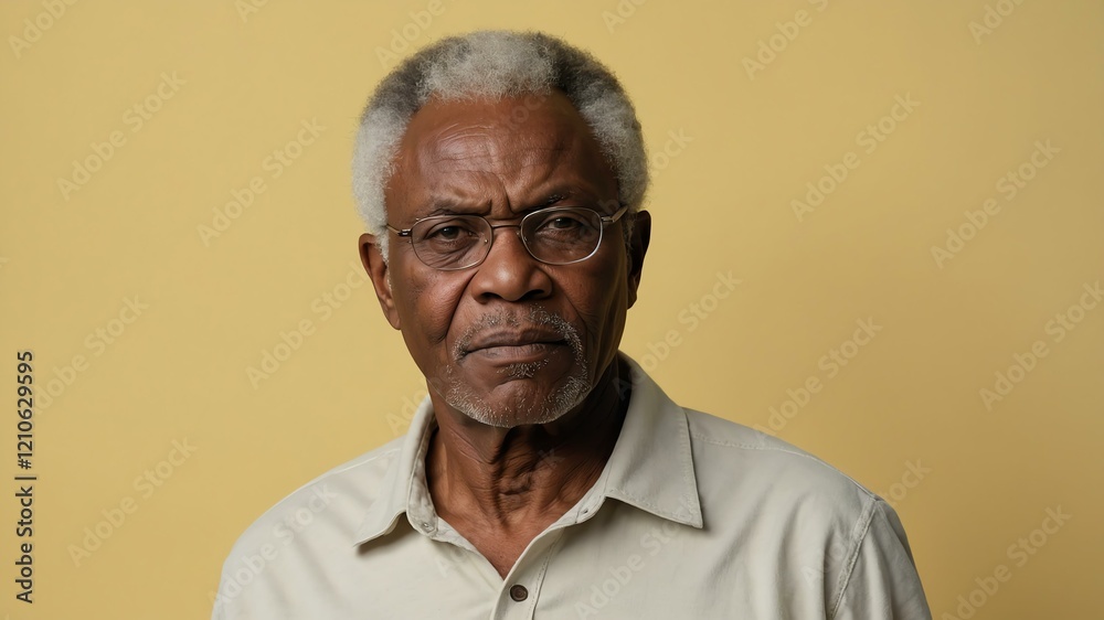 Obraz premium elderly african male in casual wear on pastel color background model portrait looking serious for ad concept space for text