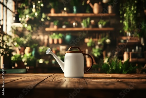 Charming watering can amidst lush greenery in a sunlit botanical garden setting inviting nature enthusiasts to cultivate growth photo