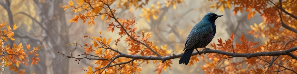A starling perched on a thin branch of a deciduous tree with leaves changing colors during autumn, outdoor photography, woodland wildlife A starling perched on a thin branch of a deciduous tree with leaves changing colors during autumn, outdoor photography, woodland wildlife