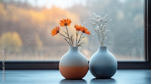 Stylish metallic vase with flowers in modern interior setting